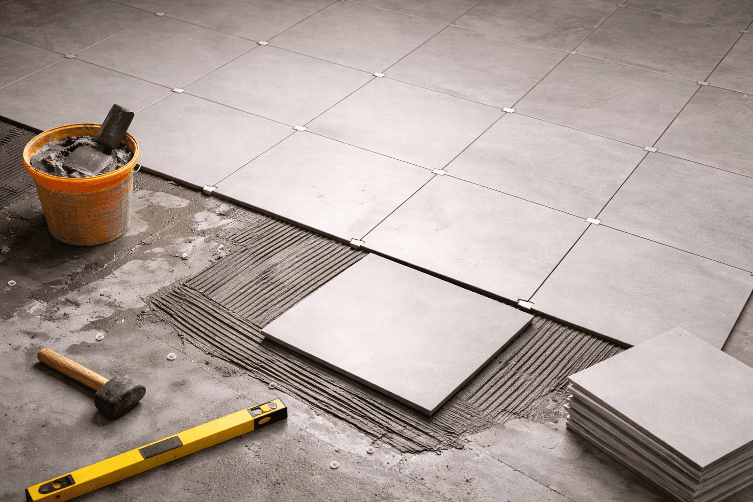 Artisan carreleur professionnel au travail - Carrelage Mâcon - HBM Carrelage